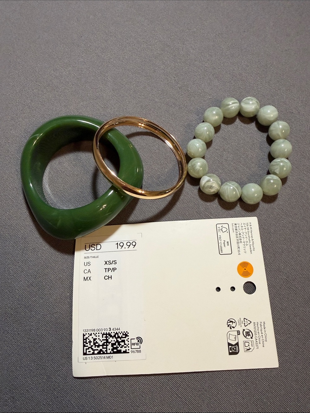 H&M Green Resin Bangle with Gold-Tone Bracelet and Light Green Beaded Bracelet